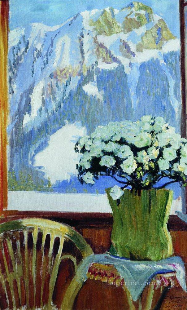 flowers on the balcony 1912 Boris Mikhailovich Kustodiev Oil Paintings